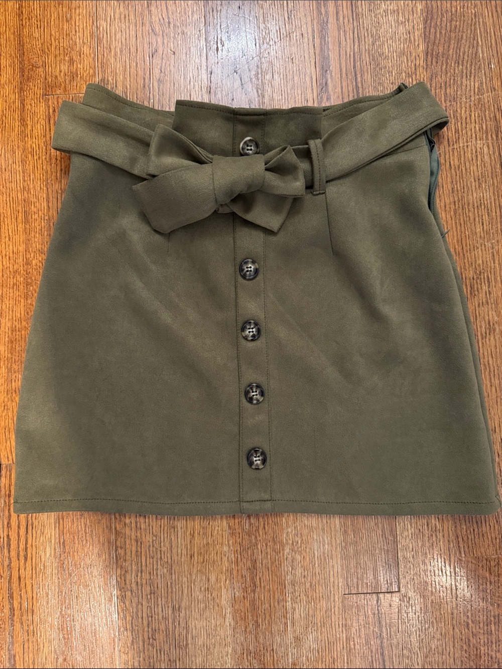 Button-Front Olive Green Paperbag Waist Skirt with Tie